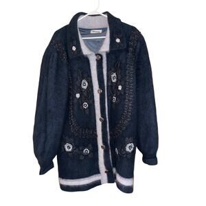 Vintage Naomi fuzzy angora-blend button-up cardigan beaded floral appliques blue